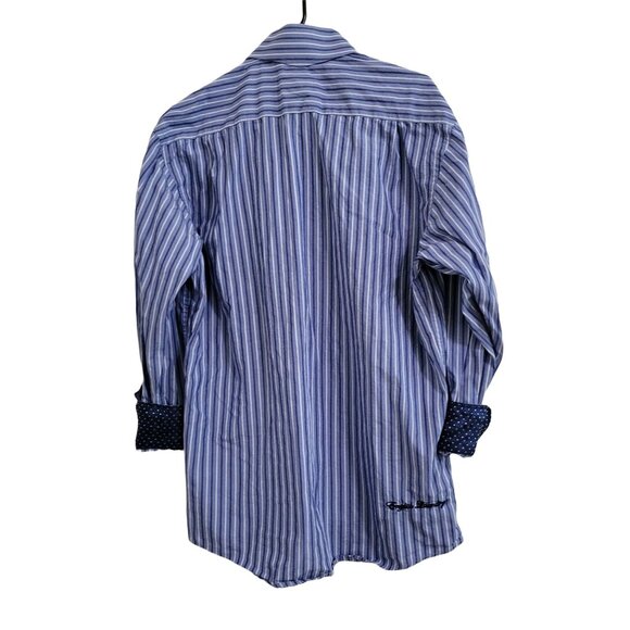 English Laundry Dress Shirt Mens Size 16 Flip Cuffs Blue White Striped Long Slee - Picture 2 of 5